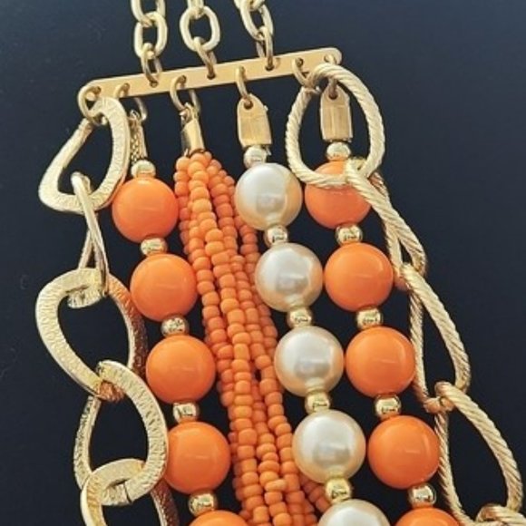 Gold and Orange Statement Necklace - 6 Strands - Picture 2 of 8